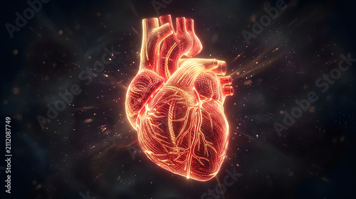 Glowing human heart made of fiber optic cables. Digital anatomy model of cardiovascular system.
