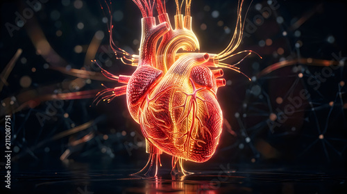 3D human heart with glowing fiber optic nerves. Digital anatomy organ illuminated by futuristic light technology.