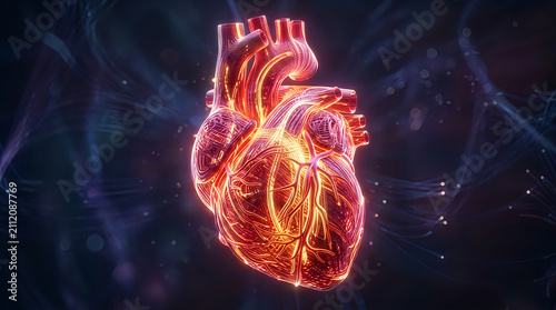 Glowing human heart made of fiber optic cables. Digital anatomy model of cardiovascular system.