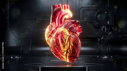 Glowing human heart made of fiber optics. Futuristic medical anatomy concept illustration.