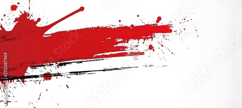 Vibrant red paint stroke with artistic black ink splatters creating a dynamic and bold visual texture for modern graphic design