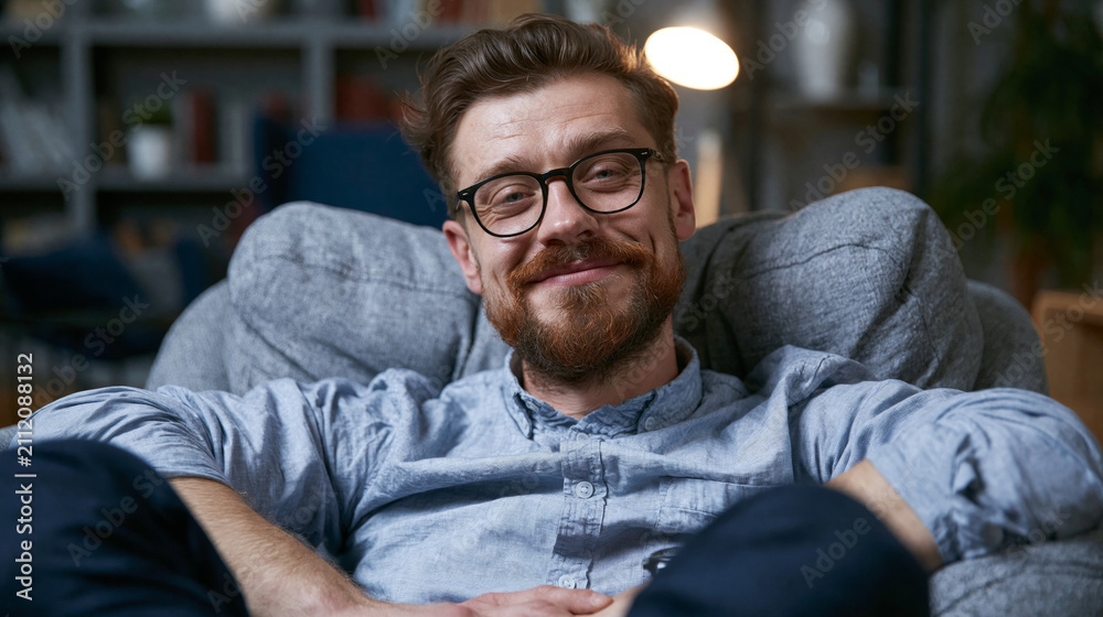 Fototapeta premium Relaxed smiling man with glasses and beard lounging at home in a cozy living room portrait