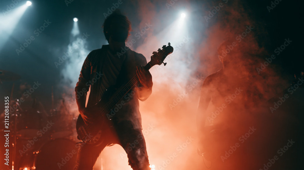 Obraz premium Silhouetted bass guitarist performing live on smoky stage with dramatic lighting at a rock concert