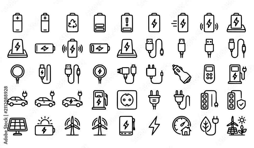 Fototapeta premium Modern Battery Charging Outline Icons Collection with Fast Charger USB Solar Power Electric Vehicle and Energy Symbols Vector