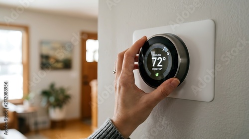 Person hand adjusting a modern smart thermostat on a wall inside a cozy home living room