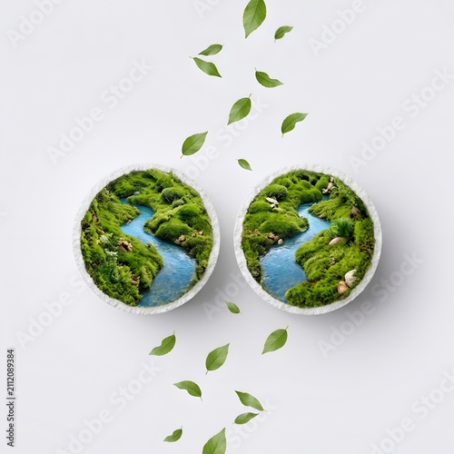 Two white pills with lush green forest and river landscapes inside, eco concept