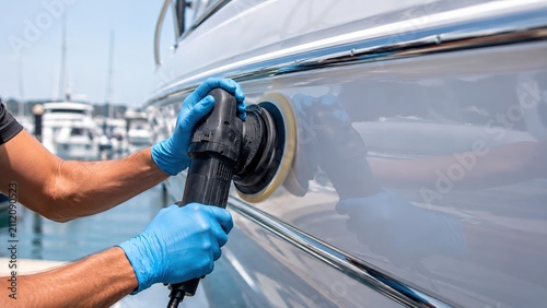 Close-up of gloved hands using an orbital buffer to polish the hull of a white fiberglass boat at a marina. Professional boat detailing service, marine maintenance, yacht cleaning, hull restoration.