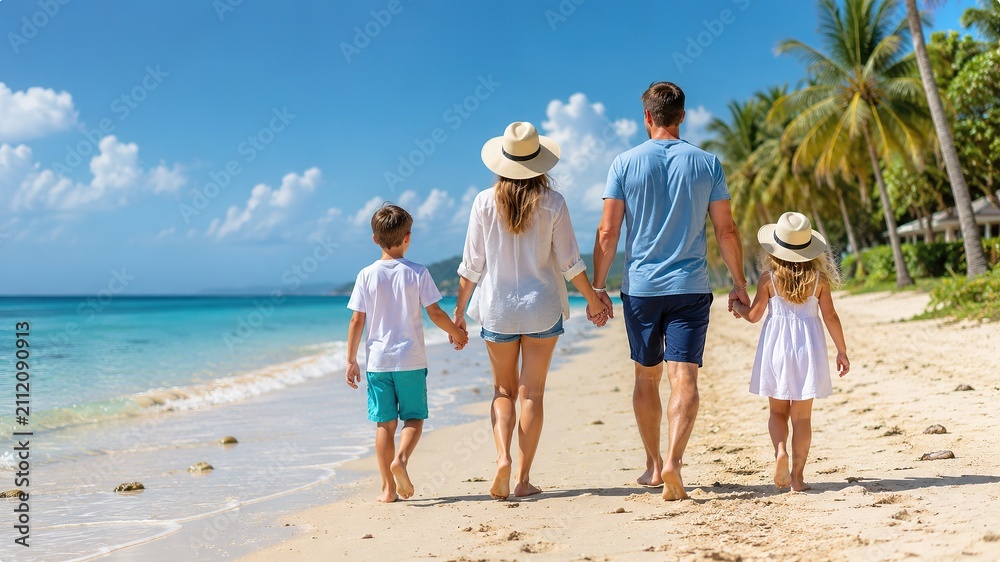 Obraz premium Back view of a happy family with two children walking barefoot along a beautiful sandy beach on summer day. Parents holding hands with their son and daughter while enjoying a relaxing seaside vacation