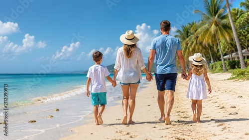 Back view of a happy family with two children walking barefoot along a beautiful sandy beach on summer day. Parents holding hands with their son and daughter while enjoying a relaxing seaside vacation