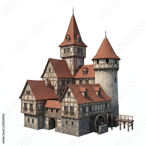 Medieval timber-framed castle with red roofs and water wheel in rural setting