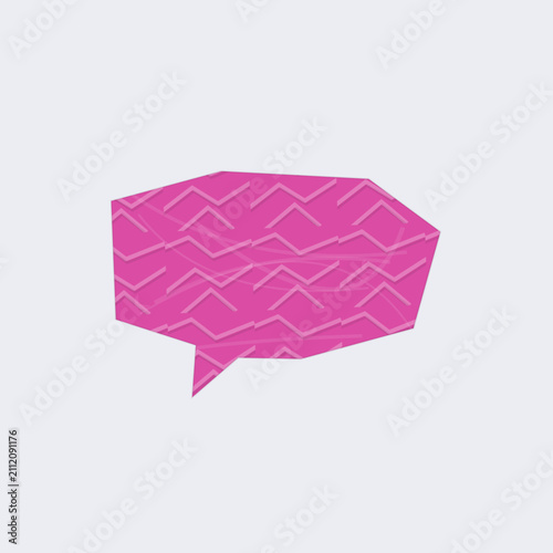Pink speech bubble icon with a geometric pattern on a light gray background