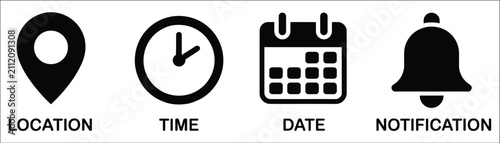 Date, time, address, and notification vector icon collection featuring calendar, location pin, clock, alarm bell, schedule, reminder, business planning, and alert system symbols isolated on white