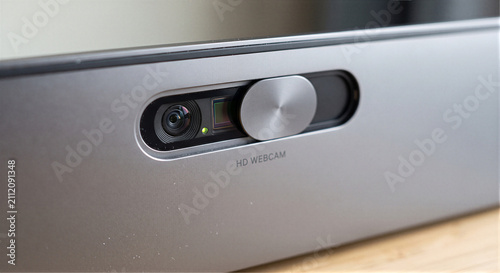 Laptop Webcam with Sliding Privacy Shutter Half Open | Cybersecurity and Online Privacy Concept