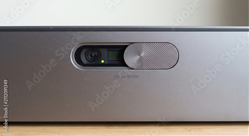 Laptop Webcam with Sliding Privacy Shutter Half Open | Cybersecurity and Online Privacy Concept
