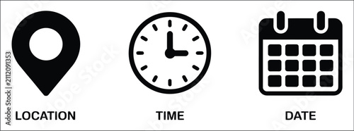 Date, time, address, and notification vector icon collection featuring calendar, location pin, clock, alarm bell, schedule, reminder, business planning, and alert system symbols isolated on white