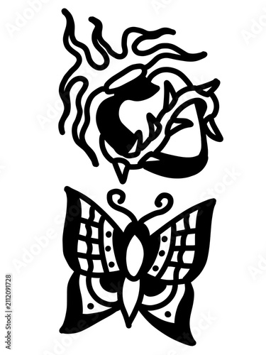 Obraz na płótnie Dark Edgy Vector Line Art Fiery Heart and Butterfly Tattoo Flash