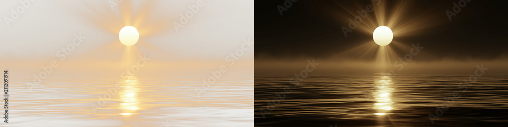 Obraz premium Golden sunset over ocean with radiant sun beams, soft atmospheric fog and glowing water reflections, serene 3D render for landscape background, travel concept, wellness banner and spiritual design