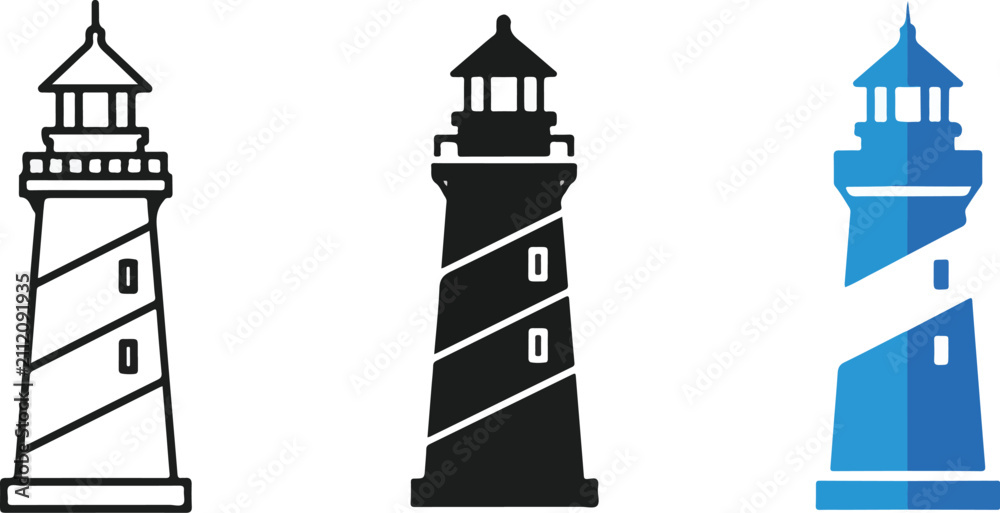 Obraz premium Set of three lighthouse vector icons in different graphic styles.