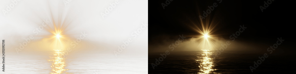Obraz premium Dramatic golden sunrise over misty ocean water with cinematic lens flare, 3D render of mystical glowing sun reflecting on dark sea waves, atmospheric background for spiritual or nature branding