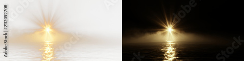 Dramatic golden sunrise over misty ocean water with cinematic lens flare, 3D render of mystical glowing sun reflecting on dark sea waves, atmospheric background for spiritual or nature branding