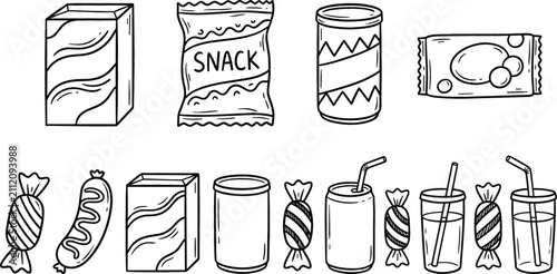 Junk Food and Snack Packaging Icon Set Featuring Soda Cans Chips Bags Candy Wrappers and Drinks in Hand Drawn Doodle Vector Style