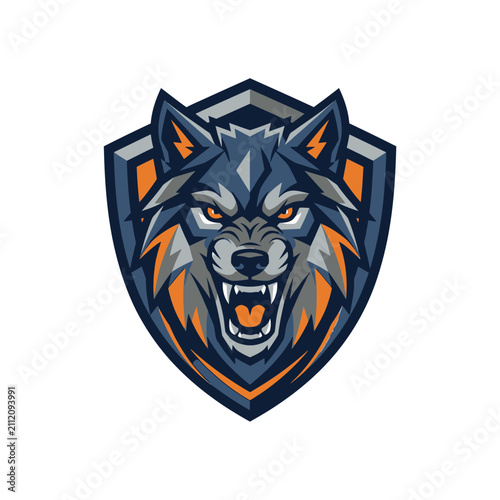 Принти на полотні Fierce Wolf Head Emblem with Shield Design.