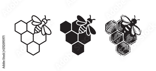 Bee and honeycomb icons in outline, solid, and hand-drawn sketch styles, depicting a bee resting on hexagonal honeycombs.