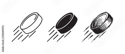 Set of three hockey puck icons in outline, silhouette, and hand-drawn sketch styles, depicting a flying puck with speed lines.