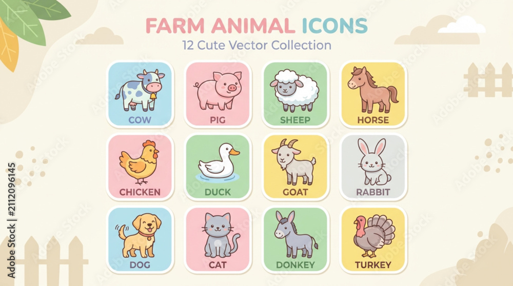 Fototapeta premium Cute Farm Animal Vector Icons Collection 12 Kawaii Illustrations