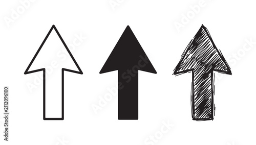 Three styles of block arrows pointing straight up: an outline, a solid black silhouette, and a textured hand-drawn sketch.