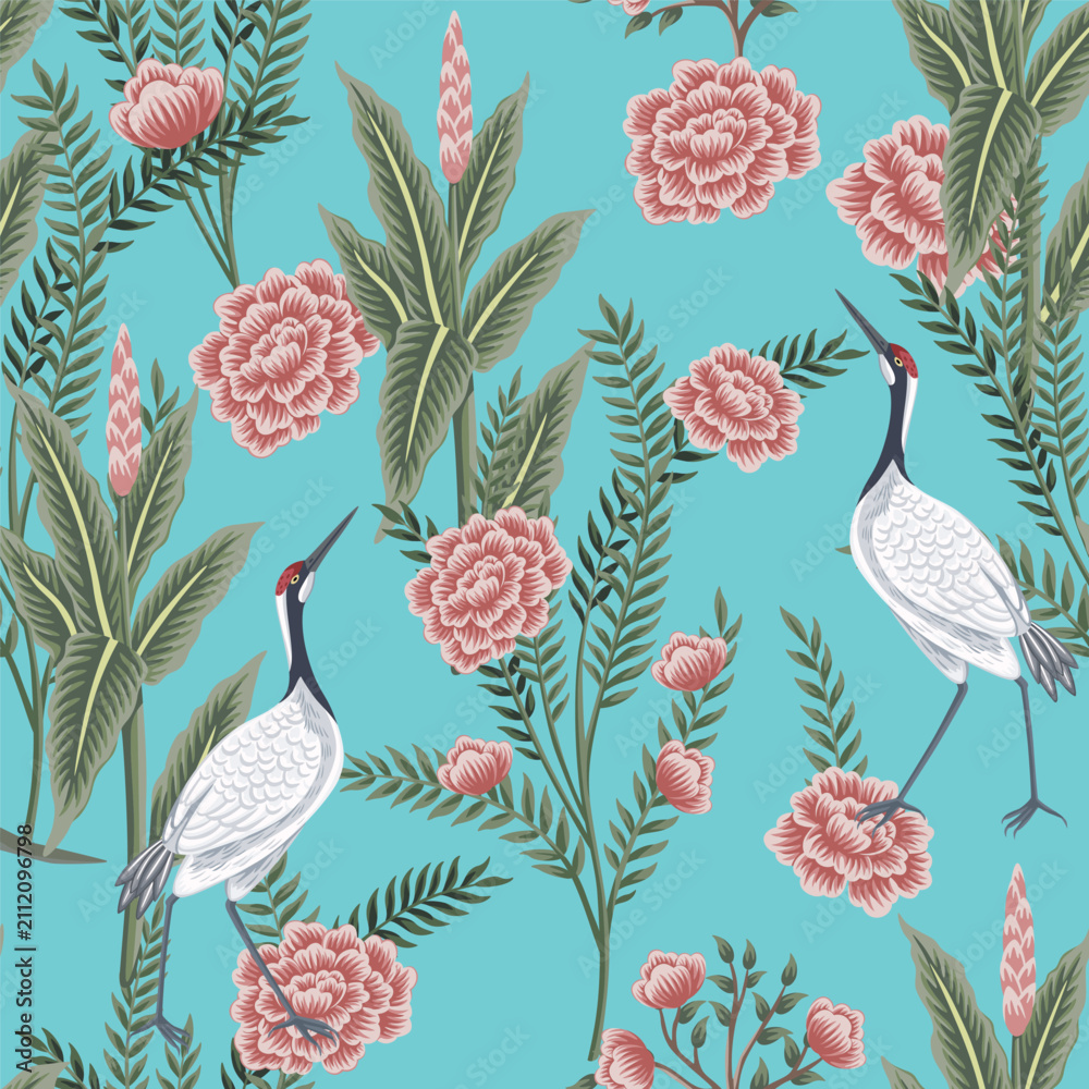 Fototapeta premium Vintage garden plant, rose flower, crane floral seamless pattern blue background. Exotic chinoiserie wallpaper.