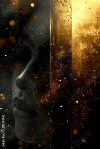 Golden particles swirl around a silhouette's face