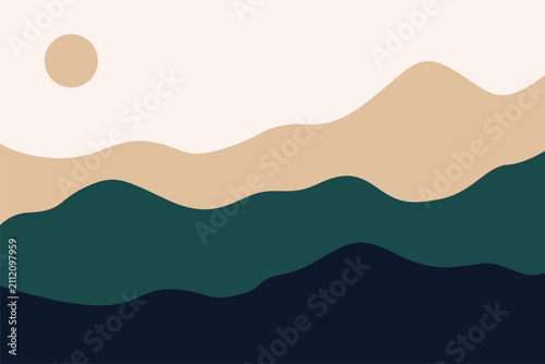 Minimalist boho landscape with layered mountains and sun in dark green navy blue and beige earth tones