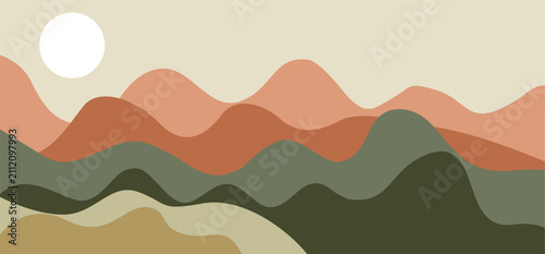 Minimalist abstract landscape with terracotta orange and olive green layered mountains and white sun
