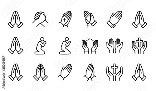 Obraz na płótnie Praying hands faith devotion worship and religious editable outline icon set