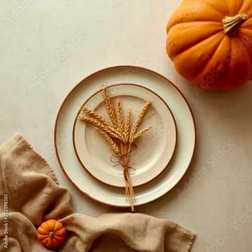 Warm plates hold golden wheat, nestled beside a pumpkin
