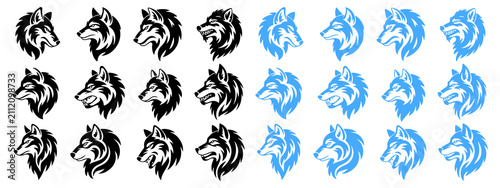 Fotografía Collection of stylized wolf head in black and blue with varied expressions and p