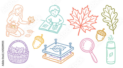 Children and adults enjoy various autumn nature exploration activities, including collecting colorful leaves, drawing, pressing, and observing them with a magnifying glass.
