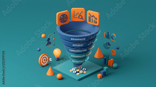 3d marketing funnel concept with customer journey stages and data analytics icons