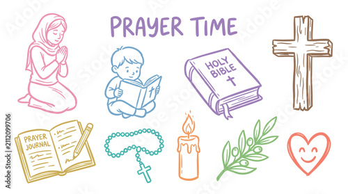 Religious symbols and prayer elements are depicted in a vibrant, hand-drawn vector illustration, representing faith, spiritual devotion, and worship practices.