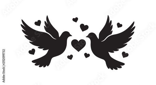Two doves and hearts in black silhouette