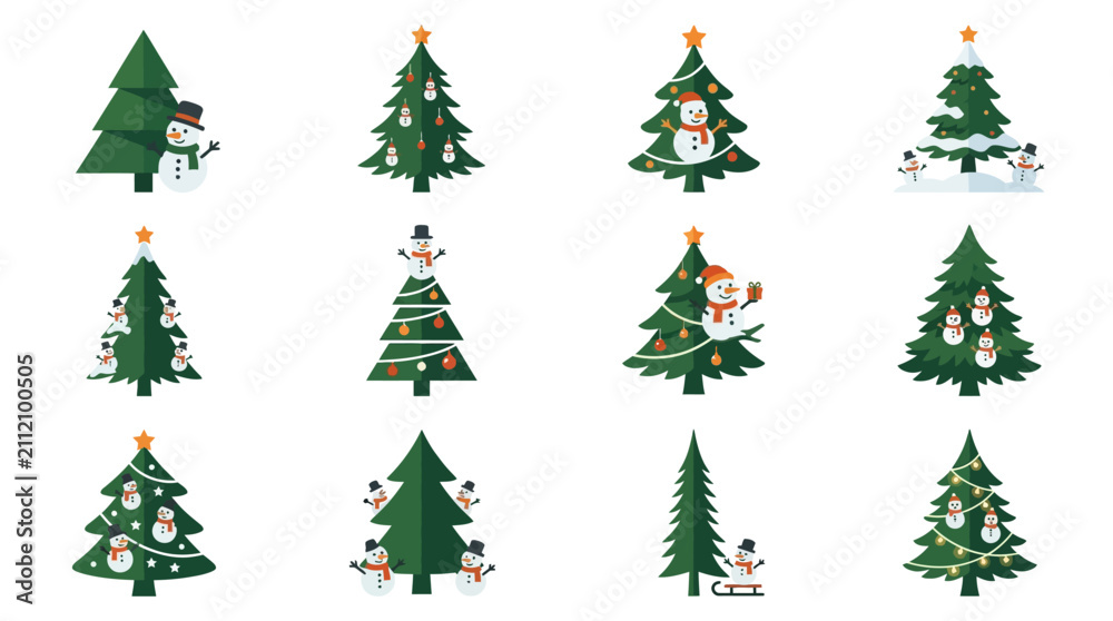 Obraz premium Collection of twelve minimalist vector Christmas trees decorated with cute snowmen festive ornaments and star toppers for holiday season design