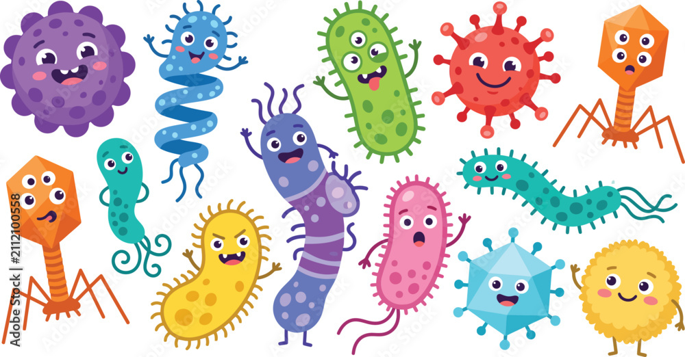 Obraz premium Set of cute cartoon bacteria and virus characters with funny faces isolated on white background for science design