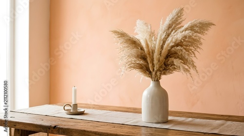 Minimalist Interior Decor with Pampas Grass in White Vase on Table