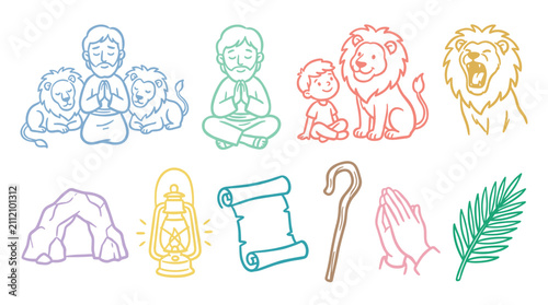 Biblical figures, religious symbols, and animals are depicted in a collection of colorful line art illustrations, perfect for educational content.