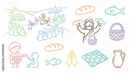 Biblical story illustrations showing Jesus feeding multitude with loaves and fishes, representing miracles, compassion, and community.
