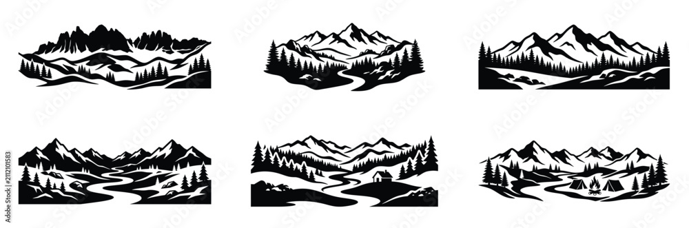 Fototapeta premium Majestic mountain ranges with winding rivers and pine forests, evoking adventure and nature's beauty.