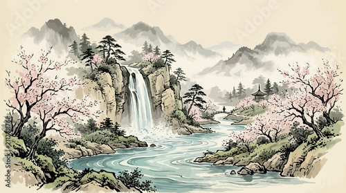 Cherry Blossom Waterfall Japanese Landscape Vector Illustration
