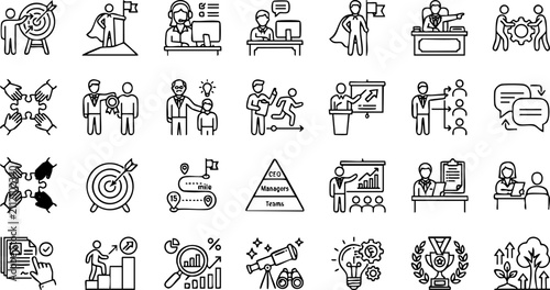 Professional corporate business management icons set for strategic planning and leadership growth