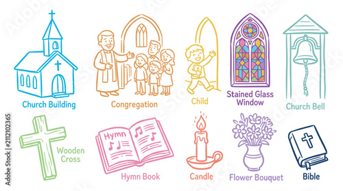 Vibrant collection of Christian church symbols and religious elements illustrated in a simple line art style, perfect for educational materials.